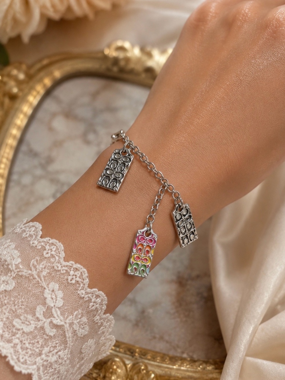 Coach Rainbow Signature Charm Bracelet | Silver Tone | Adjustable
